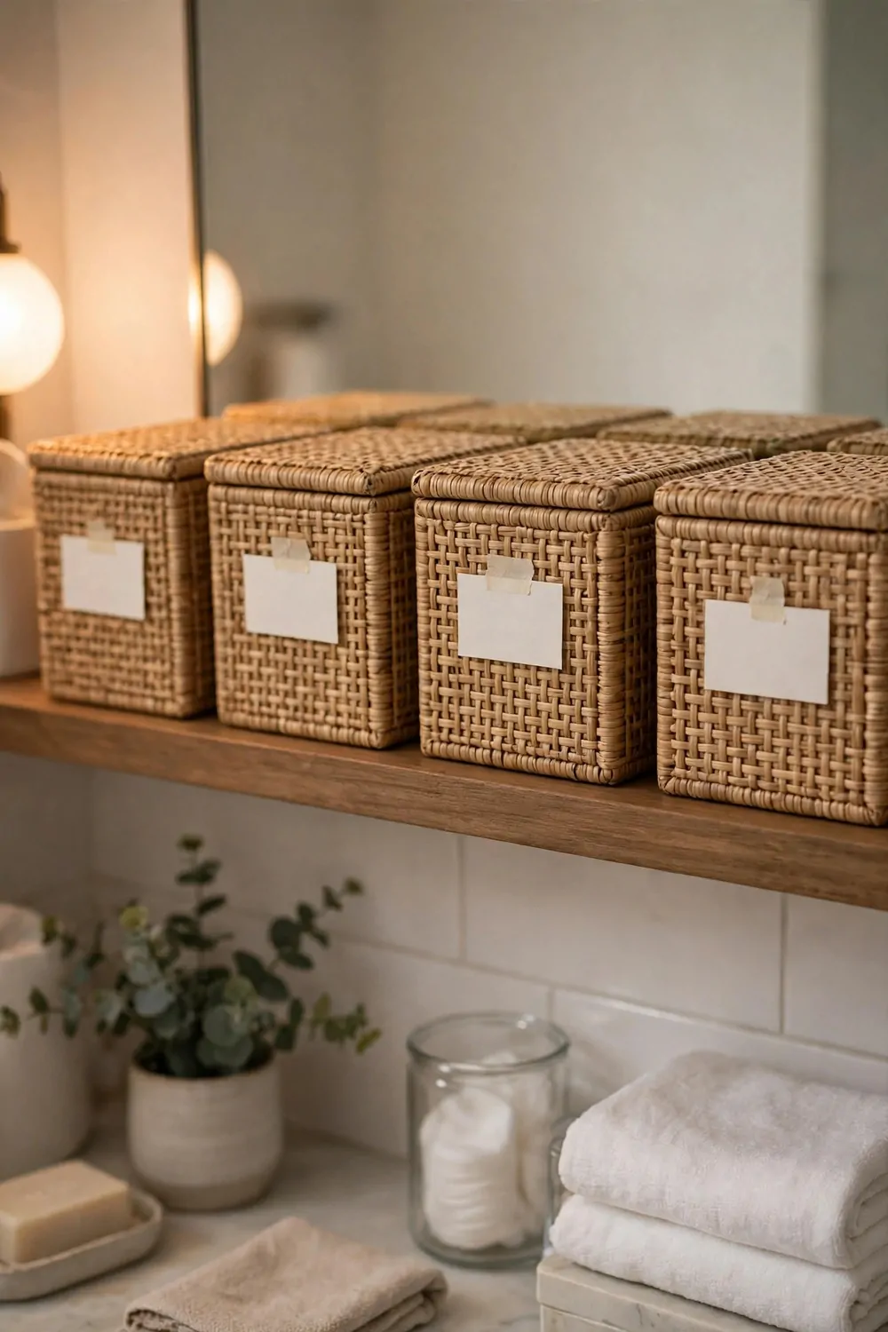 Small blank paper labels on bathroom storage boxes on a shelf, warm light, tidy bathroom