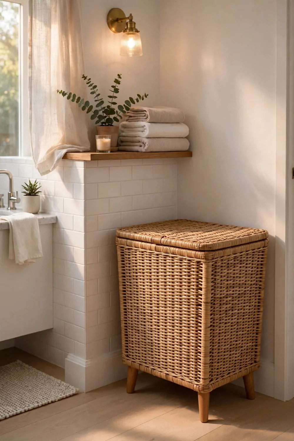 A woven laundry basket that looks like furniture in a bright bathroom corner, warm light