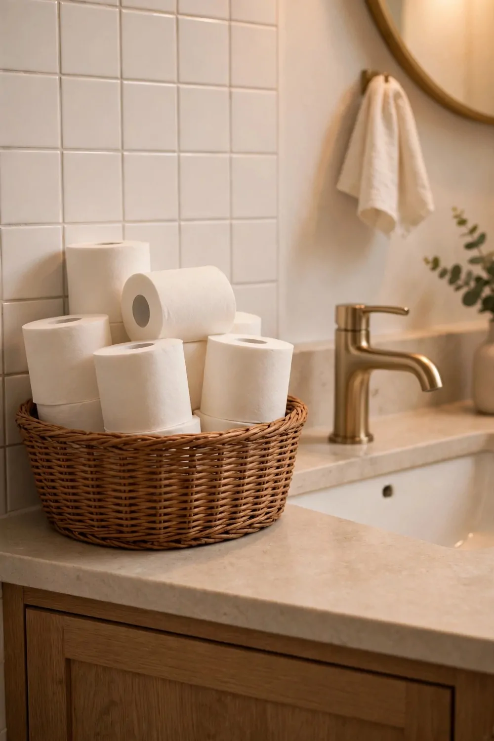 Spare toilet rolls stacked in a woven basket beside a bathroom sink, warm light, tidy