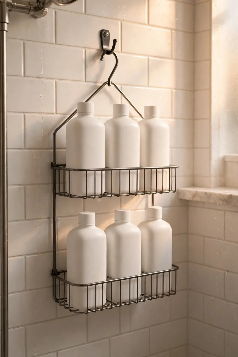 A tidy shower caddy hanging in a bright shower with bottles in neat rows, warm light