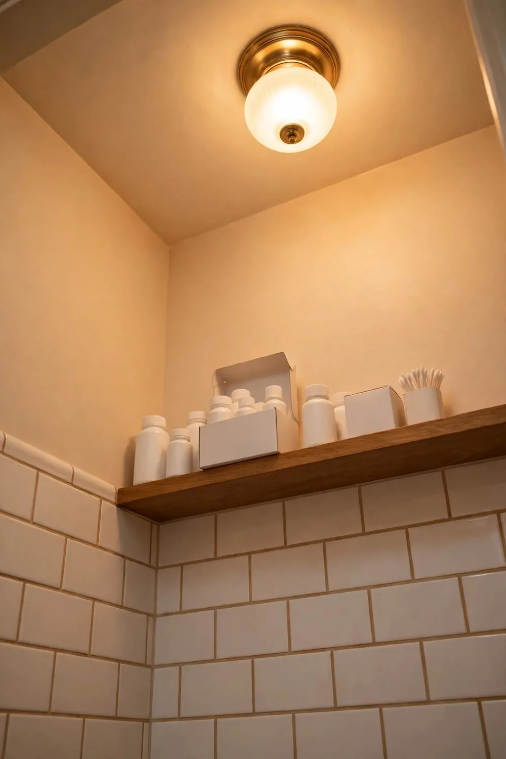 A small white box with medicines on a high bathroom shelf, out of reach, warm light
