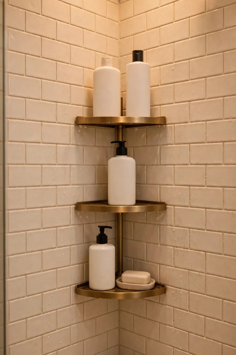 A corner shelf in a shower holding shampoo and soap bottles, warm light, tidy bathroom