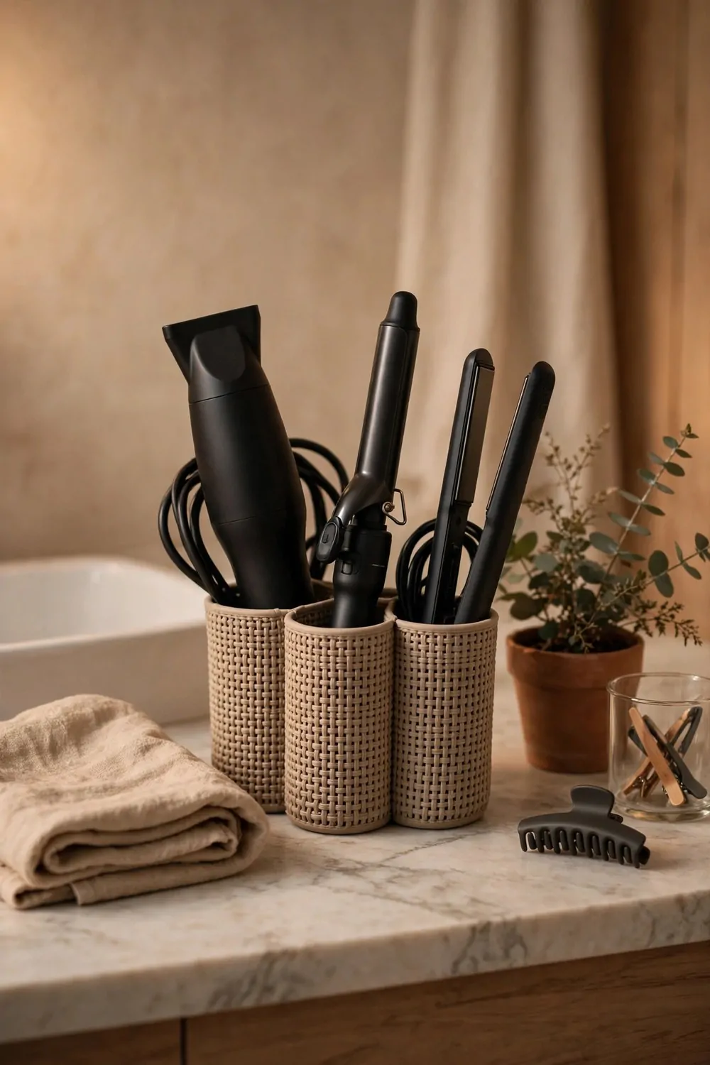 Hair tools in a heat-safe holder on a bathroom counter, warm light, tidy and calm