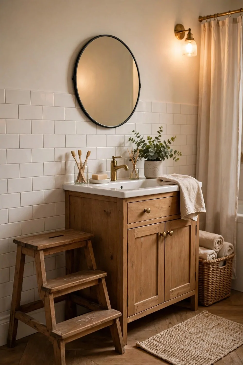 A small wooden step stool beside a bathroom sink, warm light, cozy family bathroom