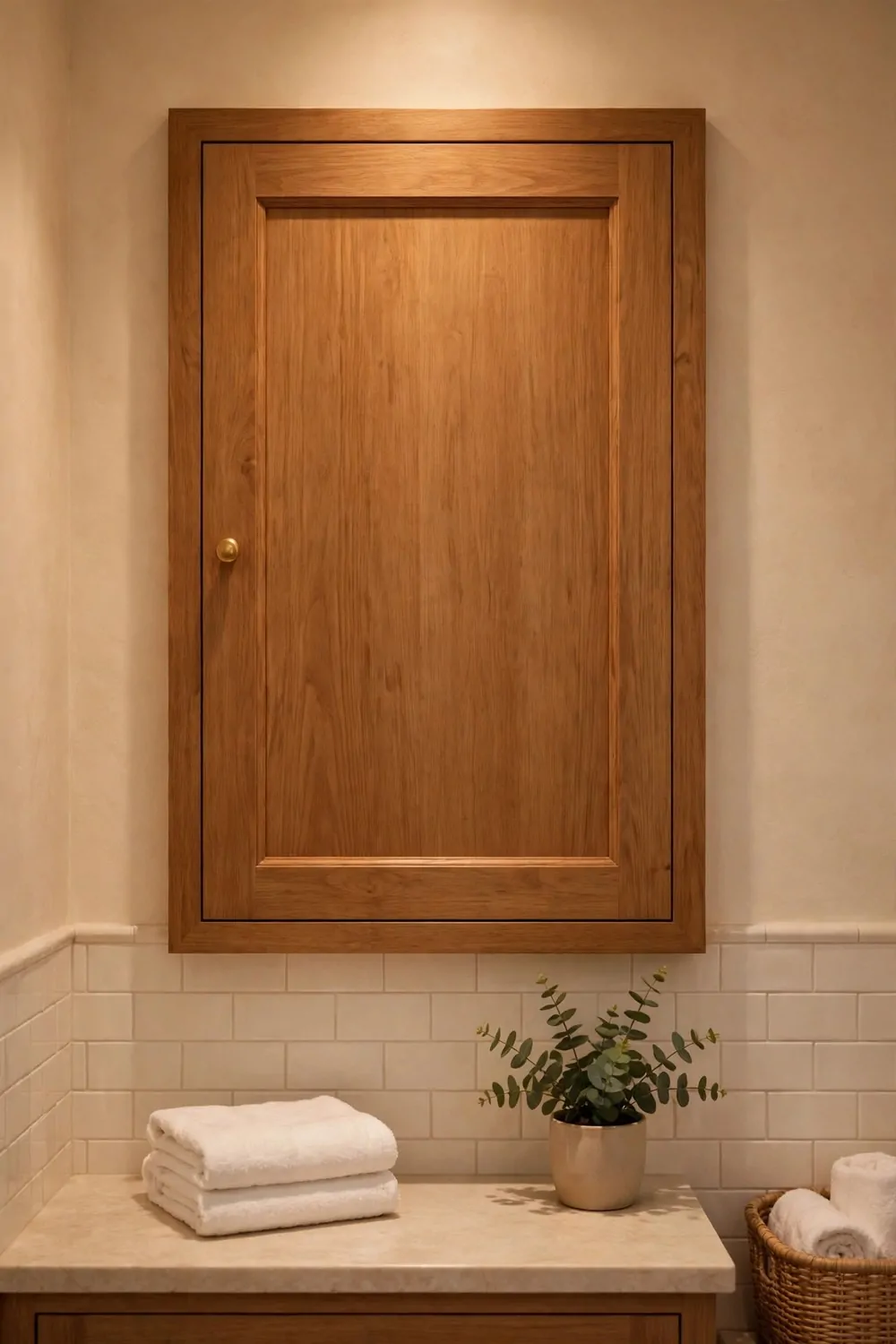 Cleaning bottles stored behind a closed bathroom cabinet door, warm light, tidy