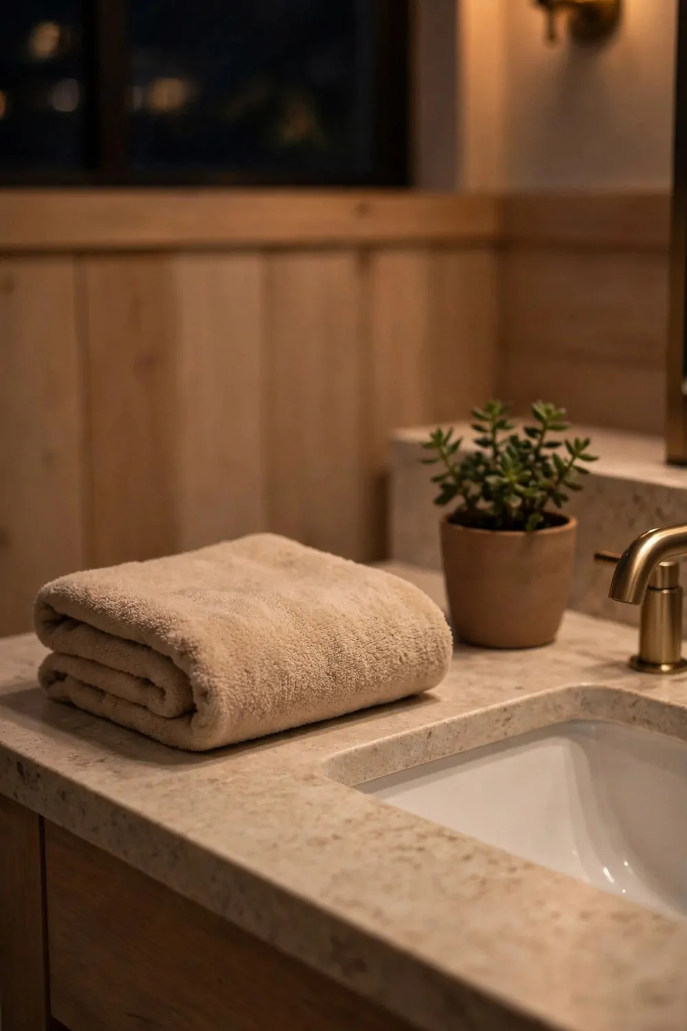 A clean bathroom counter at night with a folded towel and a small plant, warm light