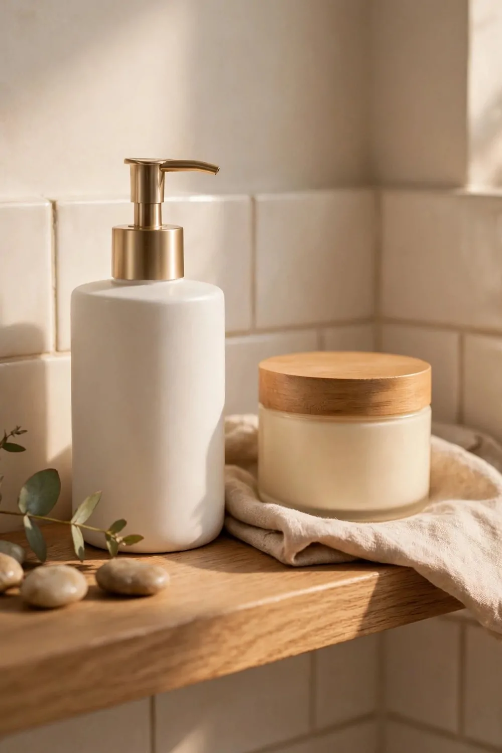 A tidy bathroom shelf with one soap bottle and one cream jar, warm light, simple and calm