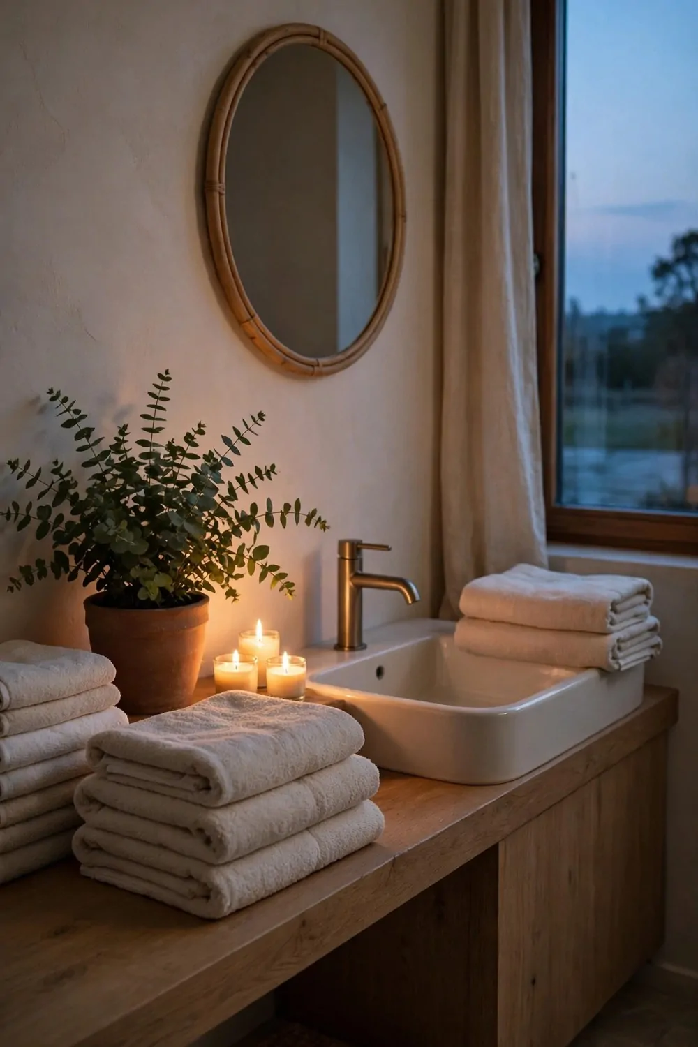 A calm bathroom at dusk with a warm candle glow, folded towels and a plant, soft light