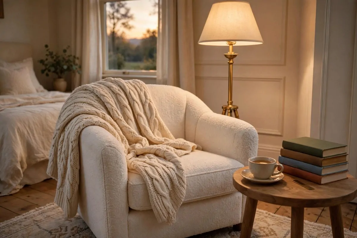 Cozy bedroom corner reading nook with armchair, floor lamp and side table