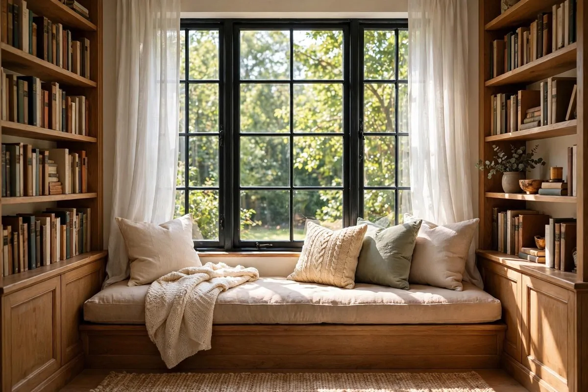 Window seat with built-in bookshelves on both sides in a bedroom