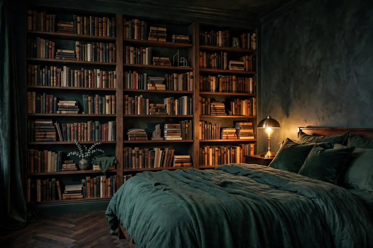 Moody dark-walled bedroom library with brass lamp glow