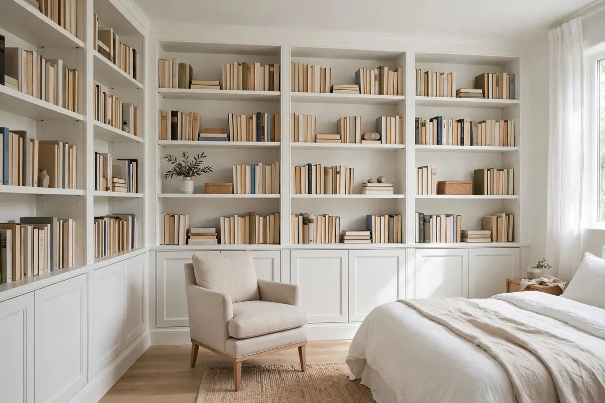 White built-in style bookcases painted to match the bedroom wall