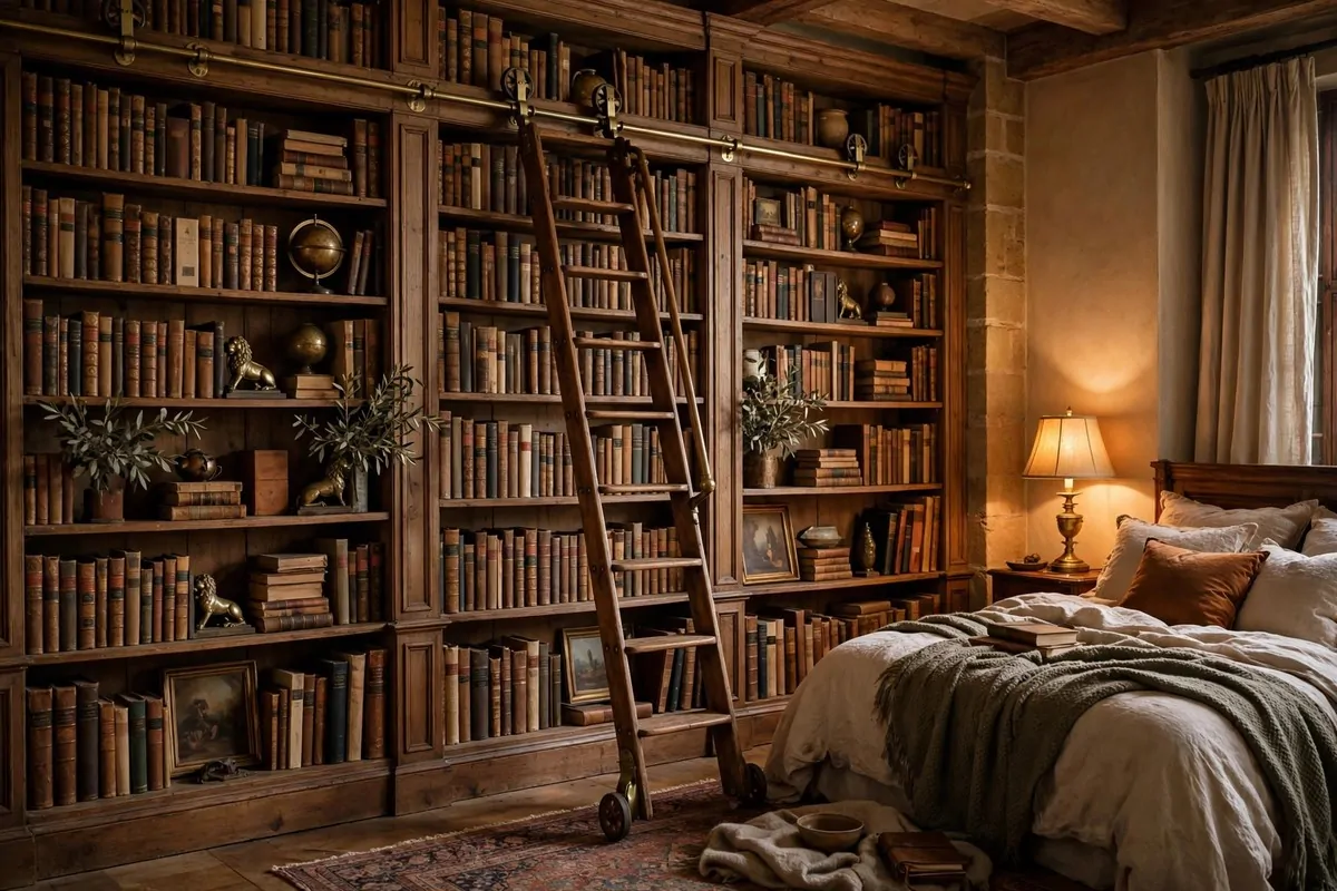Wooden rolling ladder leaning against a tall bedroom bookshelf