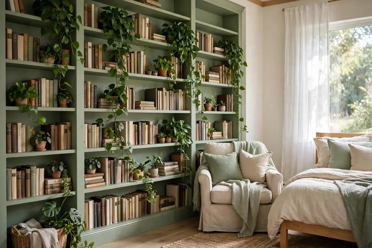 Sage green bedroom bookshelves with plants tucked among the books