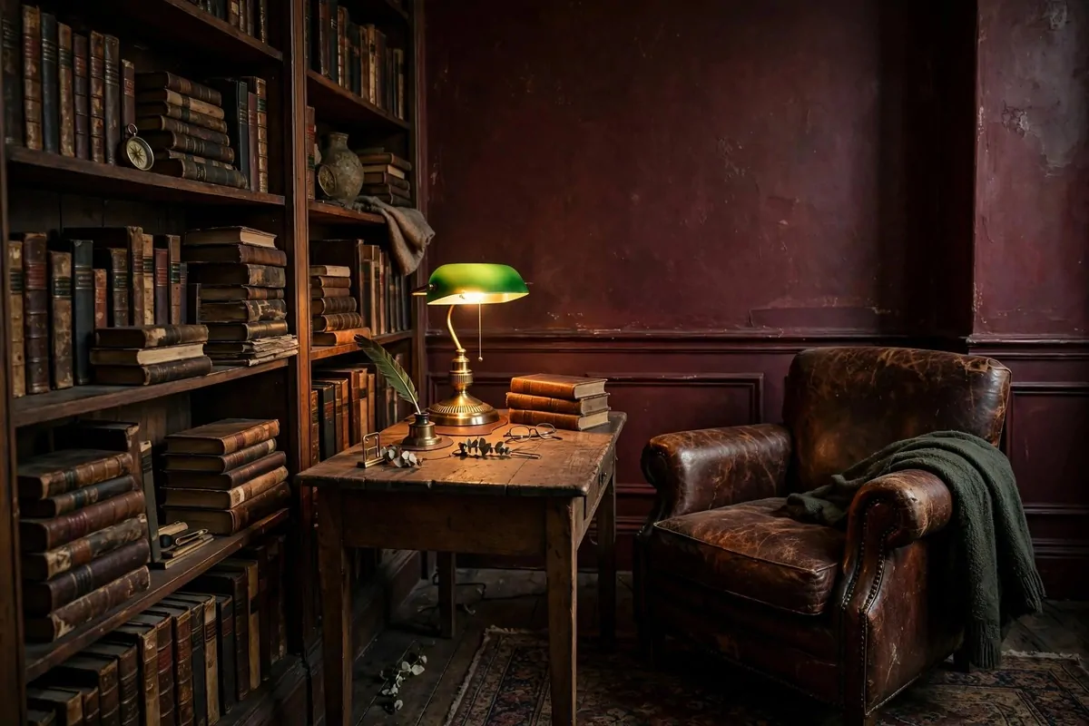 Dark academia bedroom corner with vintage lamp and old hardcover books