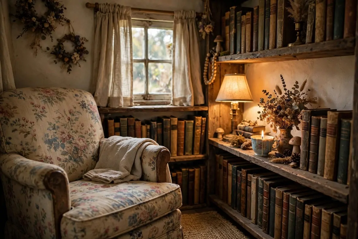 Cottagecore bedroom library with floral chair and worn wood shelves