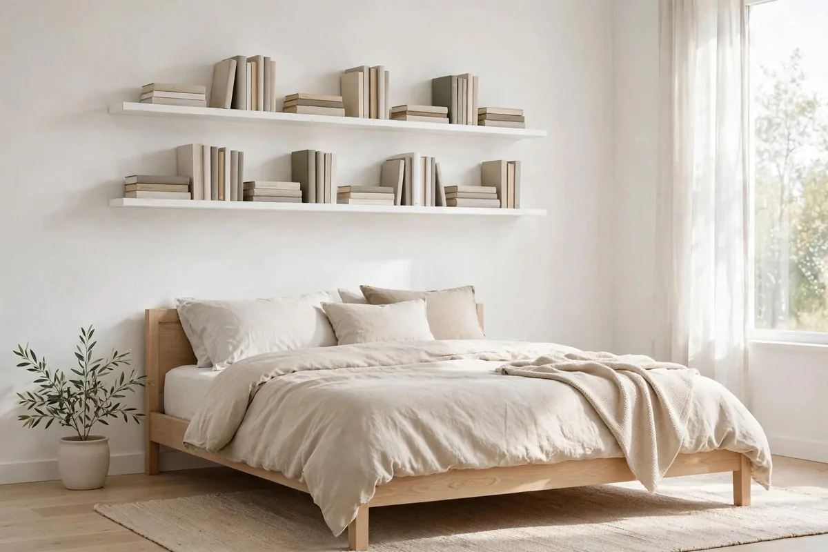 Minimalist white floating shelves with curated books in a bedroom