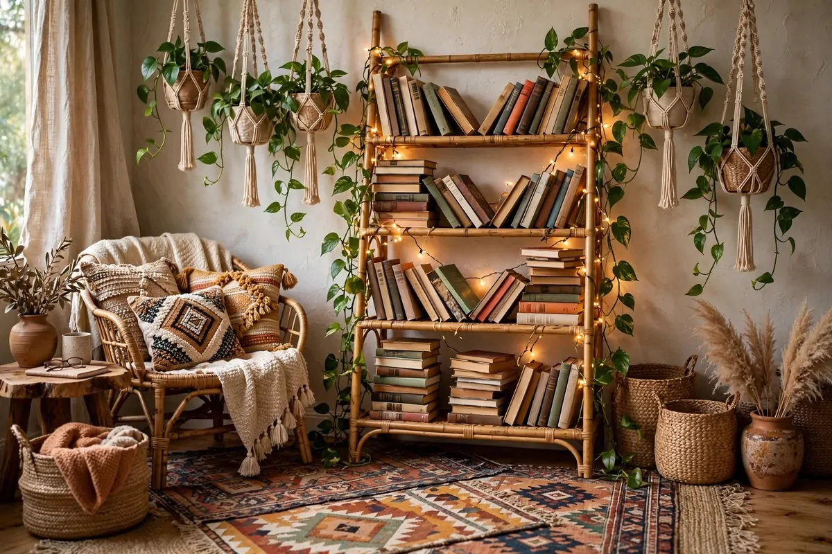 Boho rattan shelf with hanging plants and string lights in a bedroom