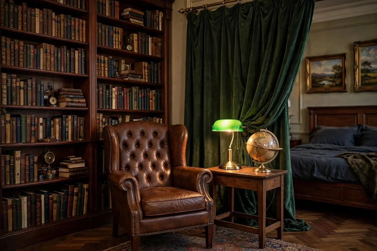 Classic bedroom study with leather chair, mahogany shelves and brass lamp