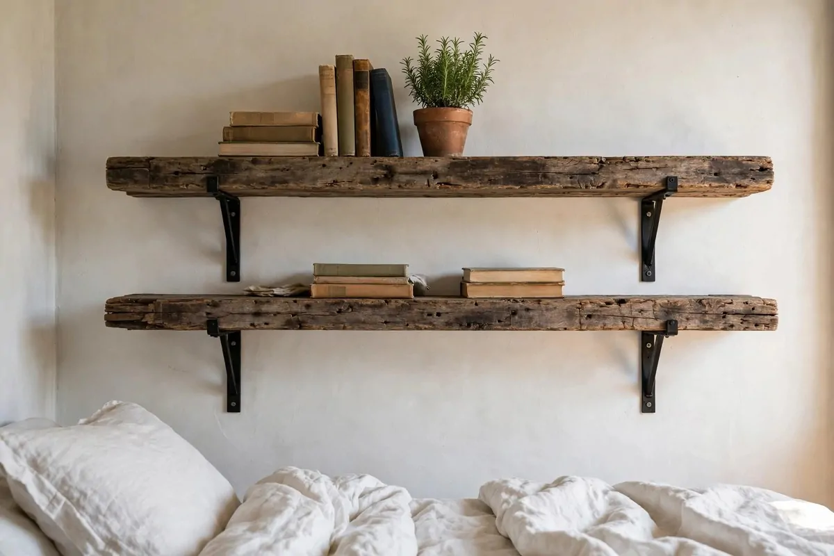 Reclaimed wood shelves with rustic brackets holding books in a bedroom
