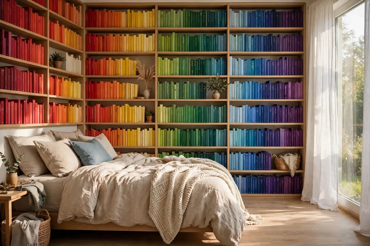 Bedroom bookshelf with books arranged in rainbow color order