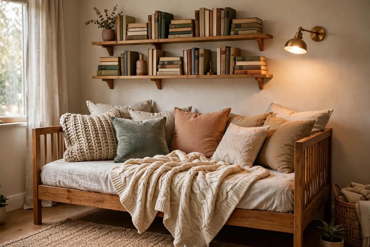Cozy daybed with cushions and throws under bedroom bookshelves