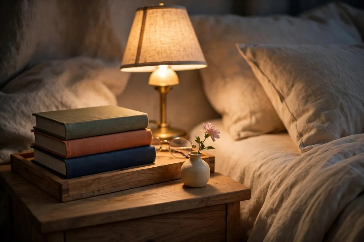 Bedside nightstand with a stack of books and a warm reading lamp