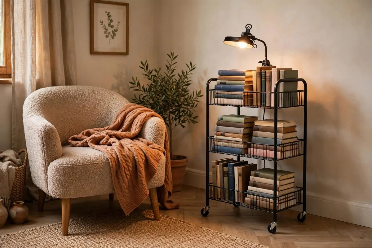 Small rolling book cart with books beside a bedroom armchair