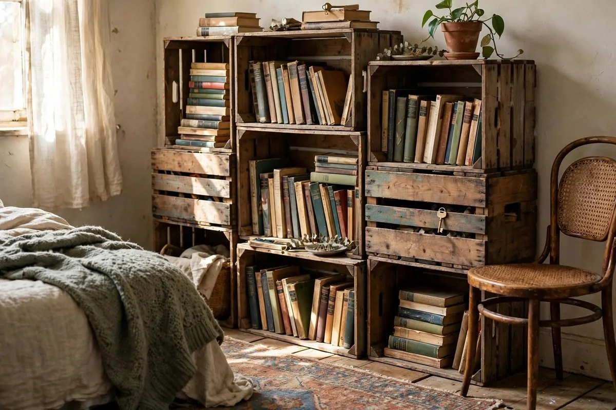 Thrifted wooden crates stacked as bookshelves in a bedroom