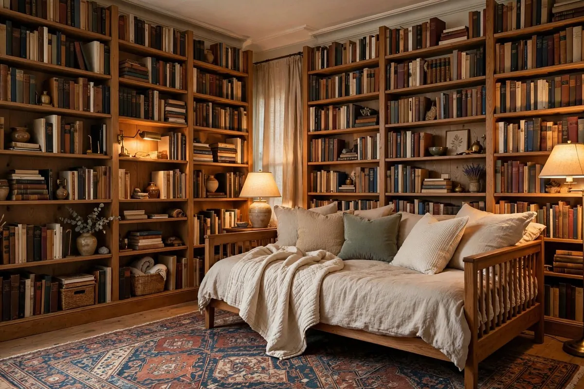 Spare bedroom turned into a full library with daybed and tall shelves