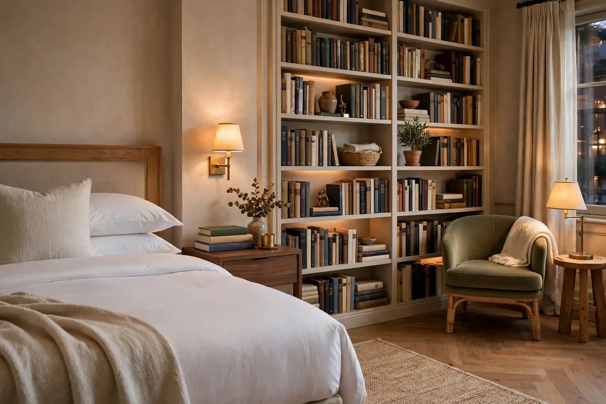 Guest bedroom with bookshelves and a comfortable bed for visitors