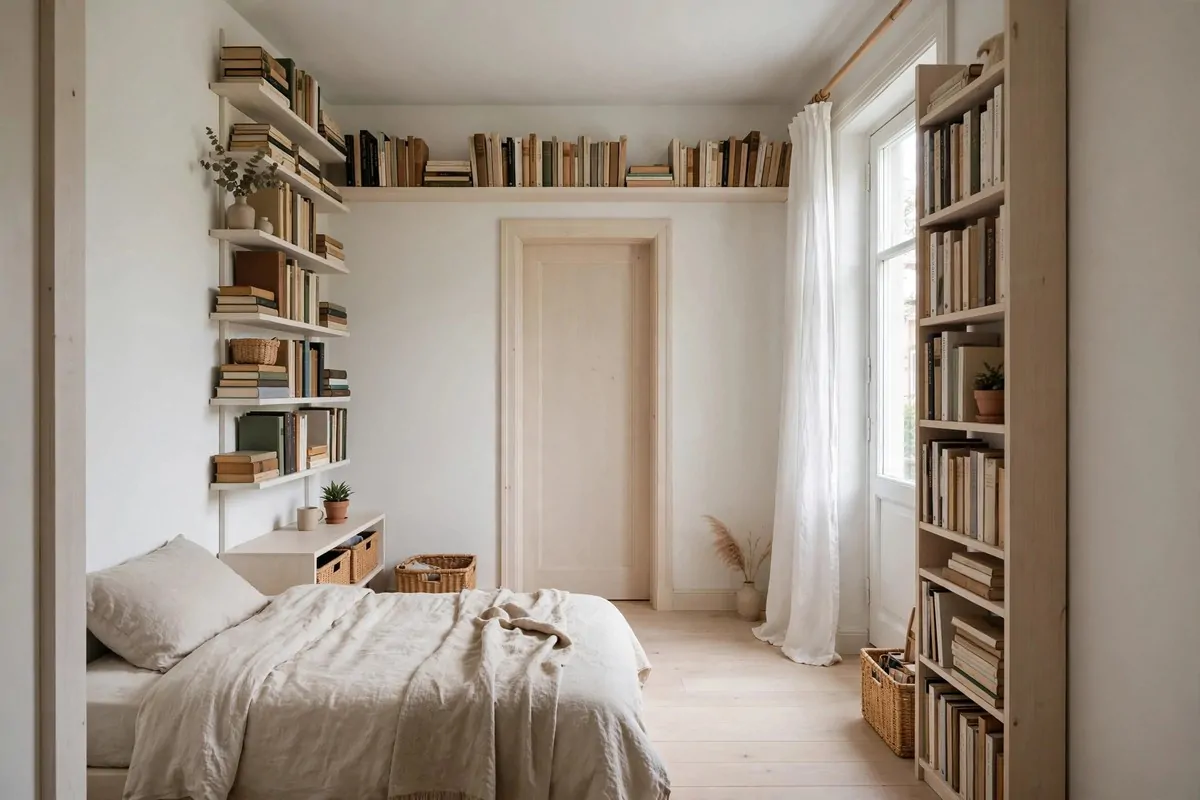 Narrow vertical wall-mounted bookshelves in a small bedroom