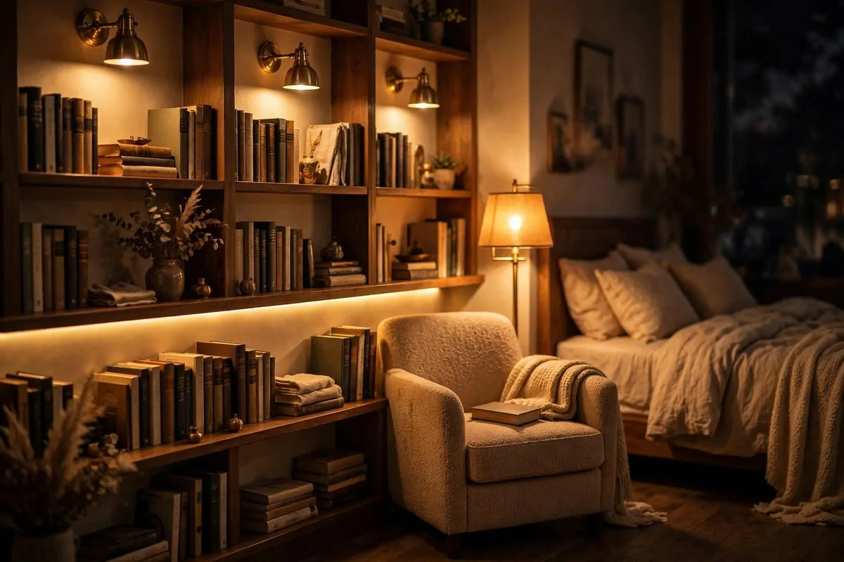 Bedroom library with layered warm lighting, picture lights and Edison bulbs