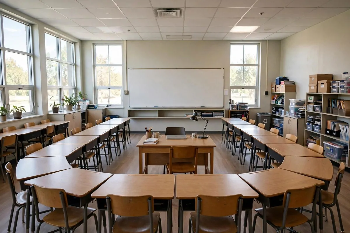 23 Classroom Set up Ideas for a Fresh School Year 2 A classroom with desks arranged in a U-shape layout facing the front