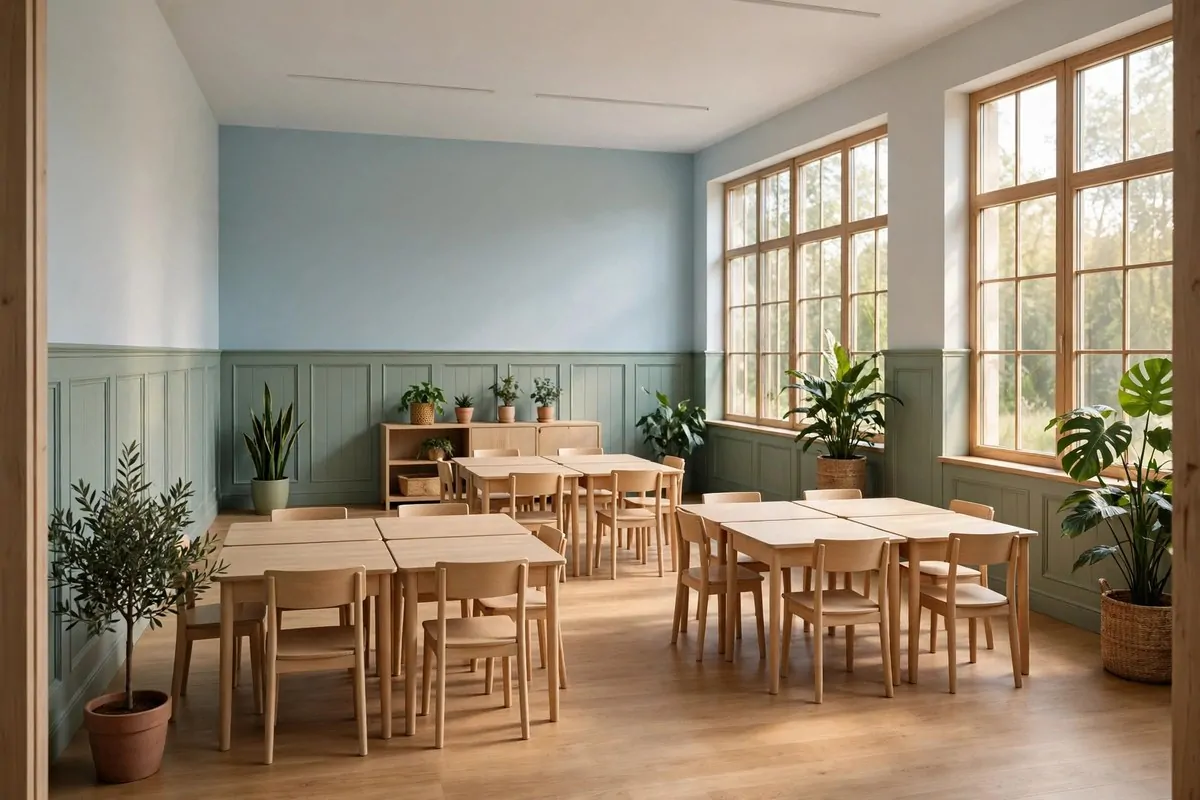 23 Classroom Set up Ideas for a Fresh School Year 3 A calm classroom with soft blue and sage green walls and light wood furniture