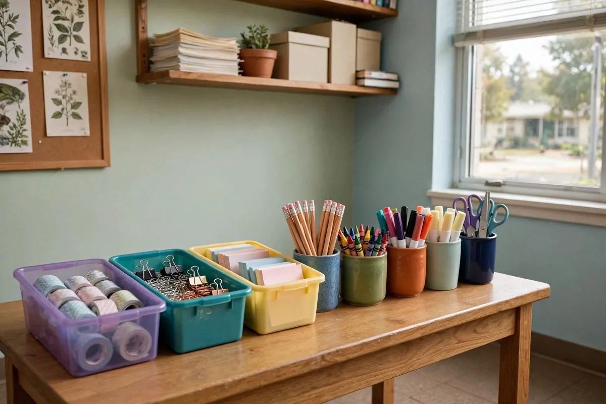 23 Classroom Set up Ideas for a Fresh School Year 5 A classroom supply station with labeled bins of pencils, crayons and scissors