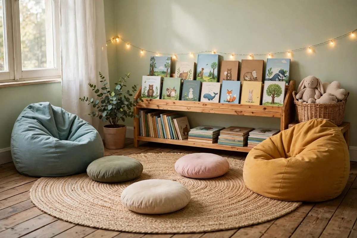 23 Classroom Set up Ideas for a Fresh School Year 6 A cozy classroom reading corner with cushions, bookshelf and fairy lights
