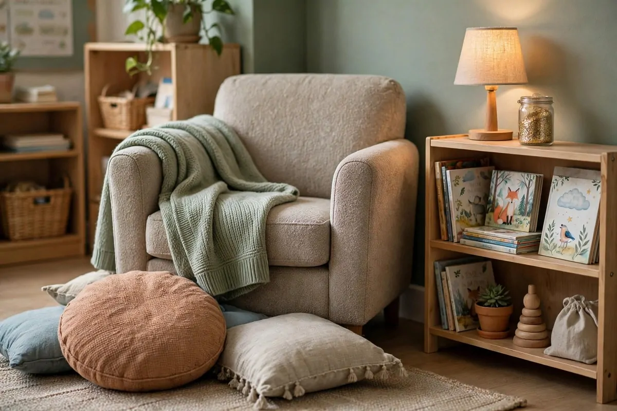 23 Classroom Set up Ideas for a Fresh School Year 8 A classroom calm corner with a soft chair, cushions and gentle lighting