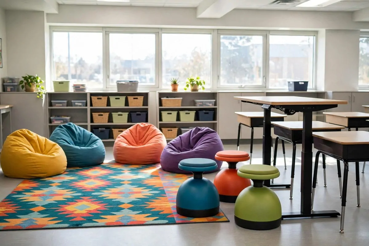 23 Classroom Set up Ideas for a Fresh School Year 12 A classroom with flexible seating: bean bags, wobble stools and standing desk options