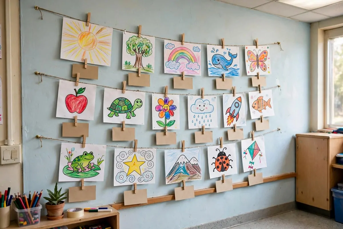 23 Classroom Set up Ideas for a Fresh School Year 13 A classroom wall displaying colorful student artwork and work