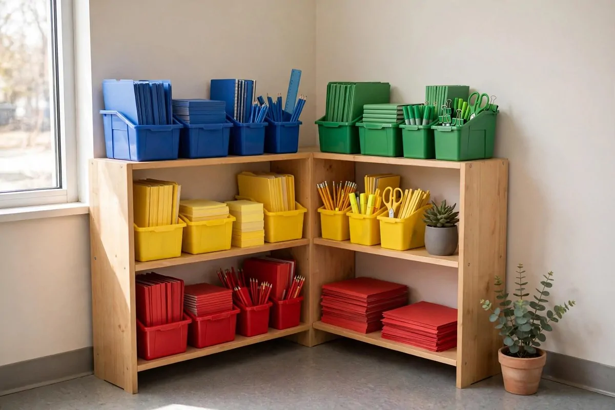 23 Classroom Set up Ideas for a Fresh School Year 14 Color-coded subject bins in a classroom: blue, green, yellow and red