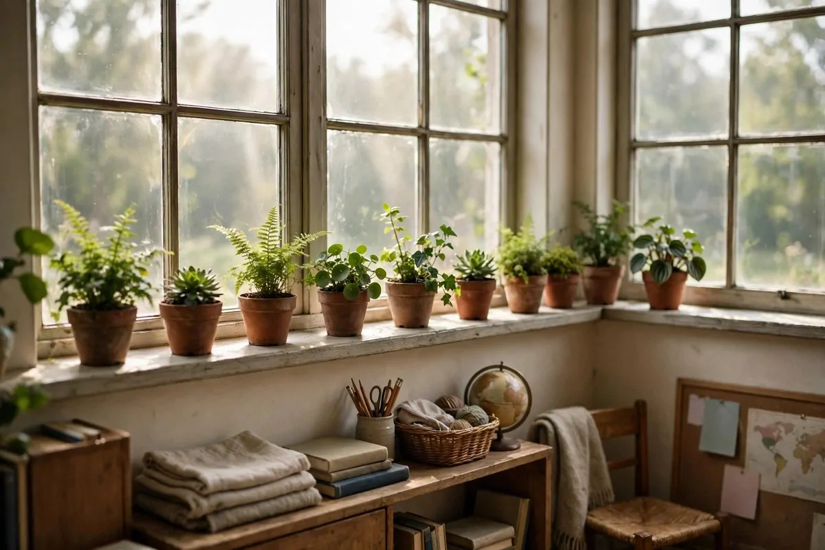 23 Classroom Set up Ideas for a Fresh School Year 15 A classroom window ledge filled with small potted plants
