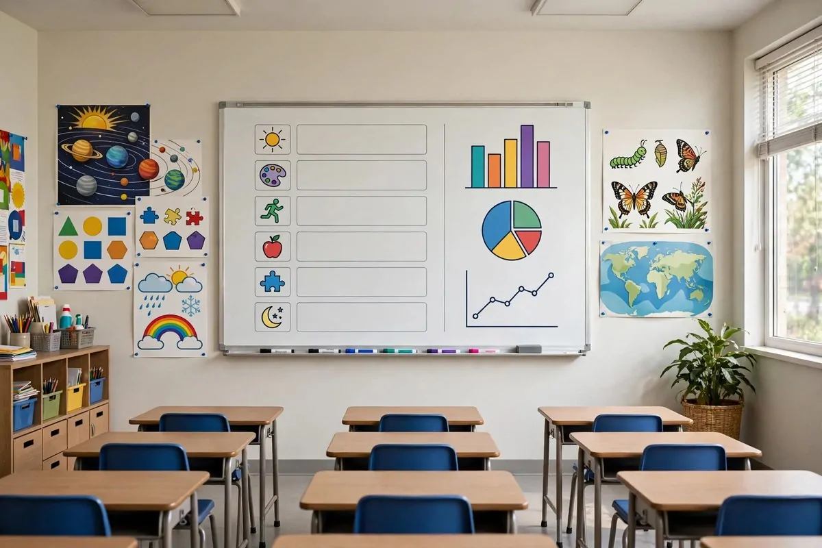 23 Classroom Set up Ideas for a Fresh School Year 16 A classroom whiteboard wall with learning charts and schedule