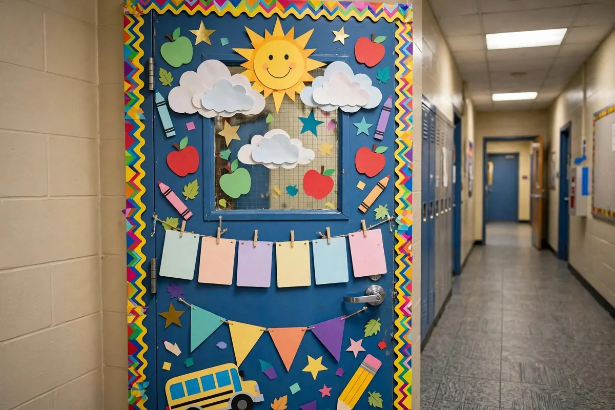 23 Classroom Set up Ideas for a Fresh School Year 20 A decorated classroom door with a back-to-school theme