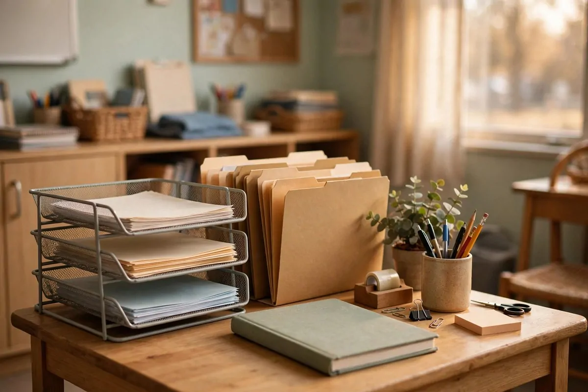 23 Classroom Set up Ideas for a Fresh School Year 22 A teacher paperwork station with trays, folders and a planner