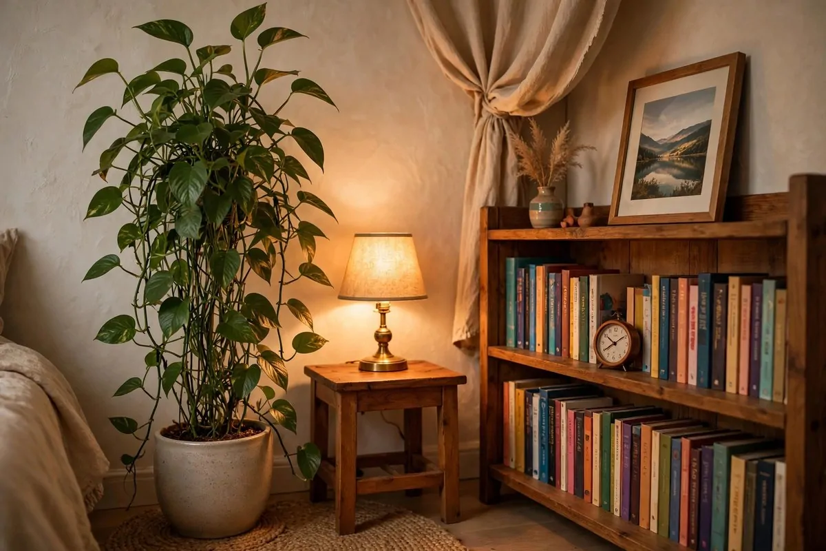 23 Content Creator Room Ideas for Filming at Home 1 The Plant, Lamp and Bookshelf Corner