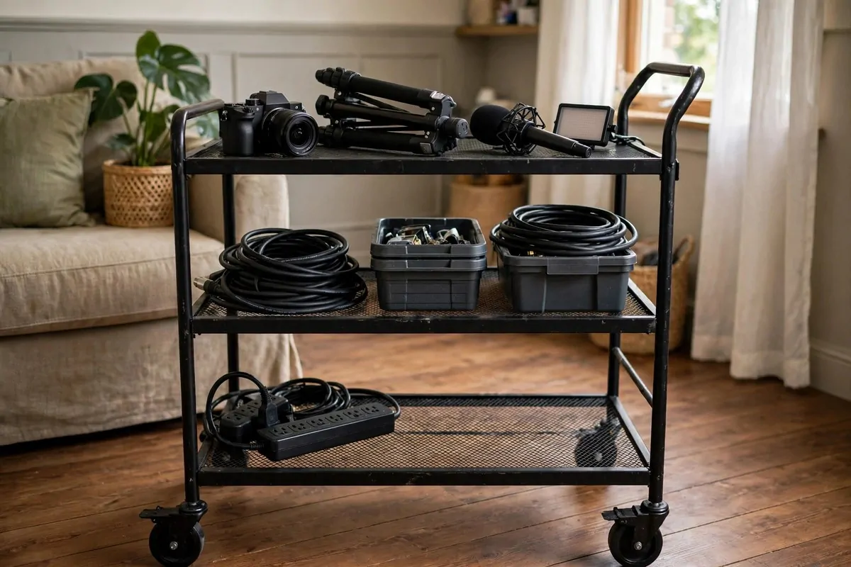 23 Content Creator Room Ideas for Filming at Home 12 The Rolling Gear Cart Station