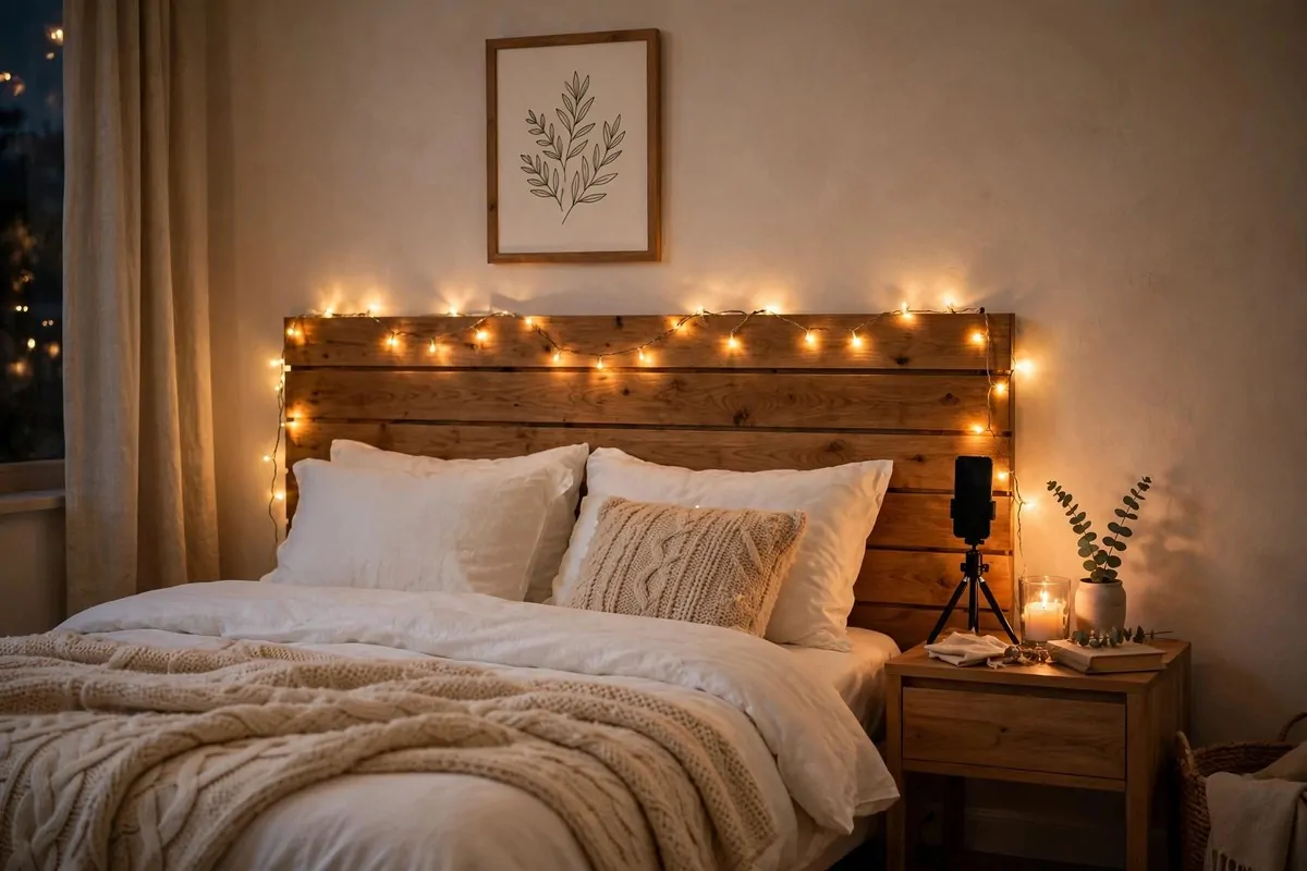 23 Content Creator Room Ideas for Filming at Home 15 The Headboard Backdrop with Fairy Lights