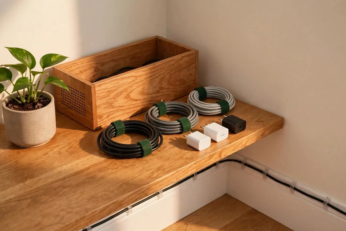 23 Content Creator Room Ideas for Filming at Home 17 The Hidden Cable Charging Corner
