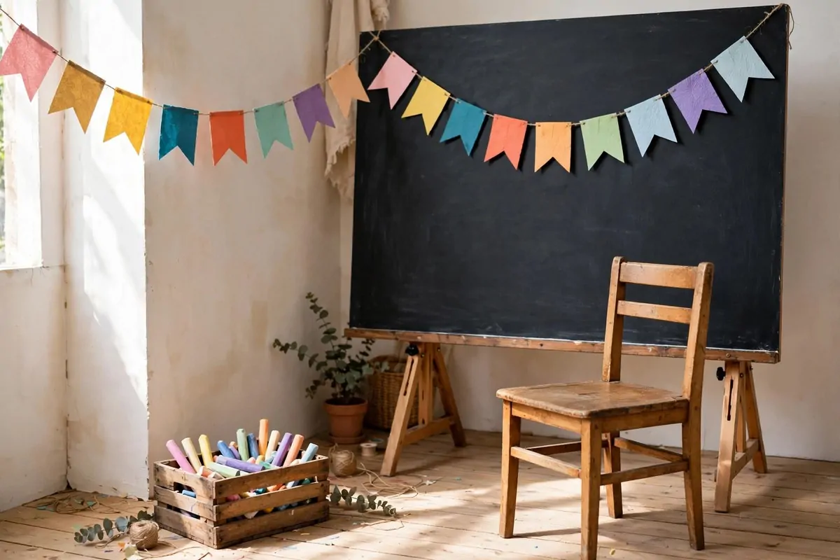 23 Family Photo Studio Ideas for Portraits You’ll Treasure 17 Chalkboard backdrop with bunting for Family Photo Studio Ideas